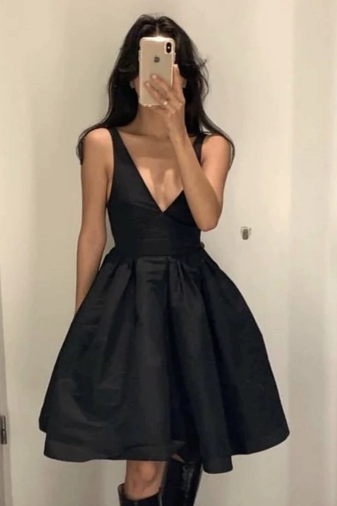 Open Back V Neck Black Satin Prom Dress, V Neck Black Homecoming Dress abcprom Open Back V Neck Black Satin Prom Dress, V Neck Black Homecoming Dress abcprom