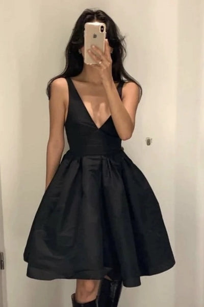 Open Back V Neck Black Satin Prom Dress, V Neck Black Homecoming Dress, Short Black Formal Graduation Evening Dress A1915