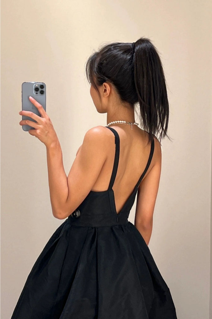 Open Back V Neck Black Satin Prom Dress, V Neck Black Homecoming Dress
