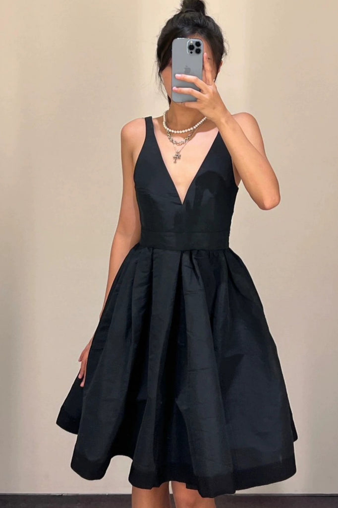 Open Back V Neck Black Satin Prom Dress, V Neck Black Homecoming Dress