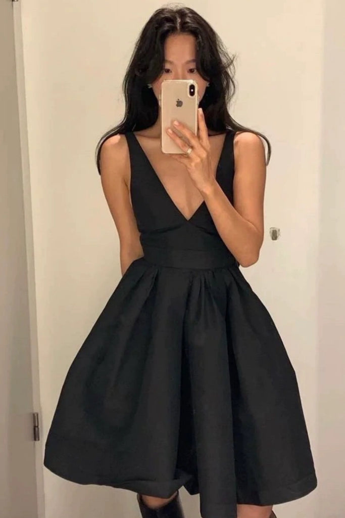 Open Back V Neck Black Satin Prom Dress, V Neck Black Homecoming Dress