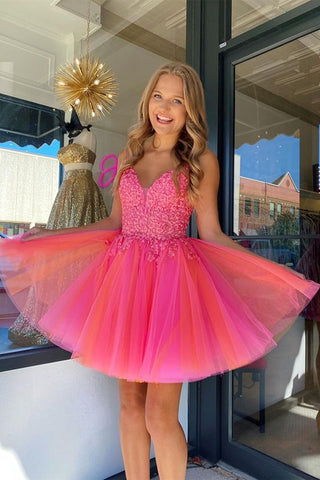 Open Back V Neck Hot Pink Lace Prom Dress, Hot Pink Lace Homecoming Dress, Short Hot Pink Formal Evening Dress A1883