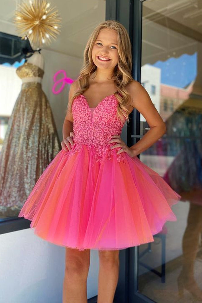 Open Back V Neck Hot Pink Lace Prom Dress, Hot Pink Lace Homecoming Dr abcprom Open Back V Neck Hot Pink Lace Prom Dress, Hot Pink Lace Homecoming Dr abcprom