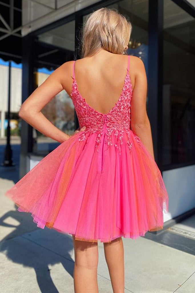 Open Back V Neck Hot Pink Lace Prom Dress, Hot Pink Lace Homecoming Dr abcprom Open Back V Neck Hot Pink Lace Prom Dress, Hot Pink Lace Homecoming Dr abcprom