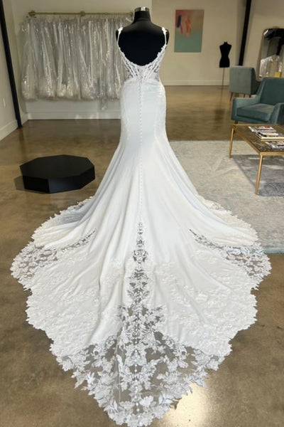 Open Back V Neck Mermaid White Lace Long Prom Dresses with Train, White Lace Wedding Dresses, White Formal Evening Dresses A2132