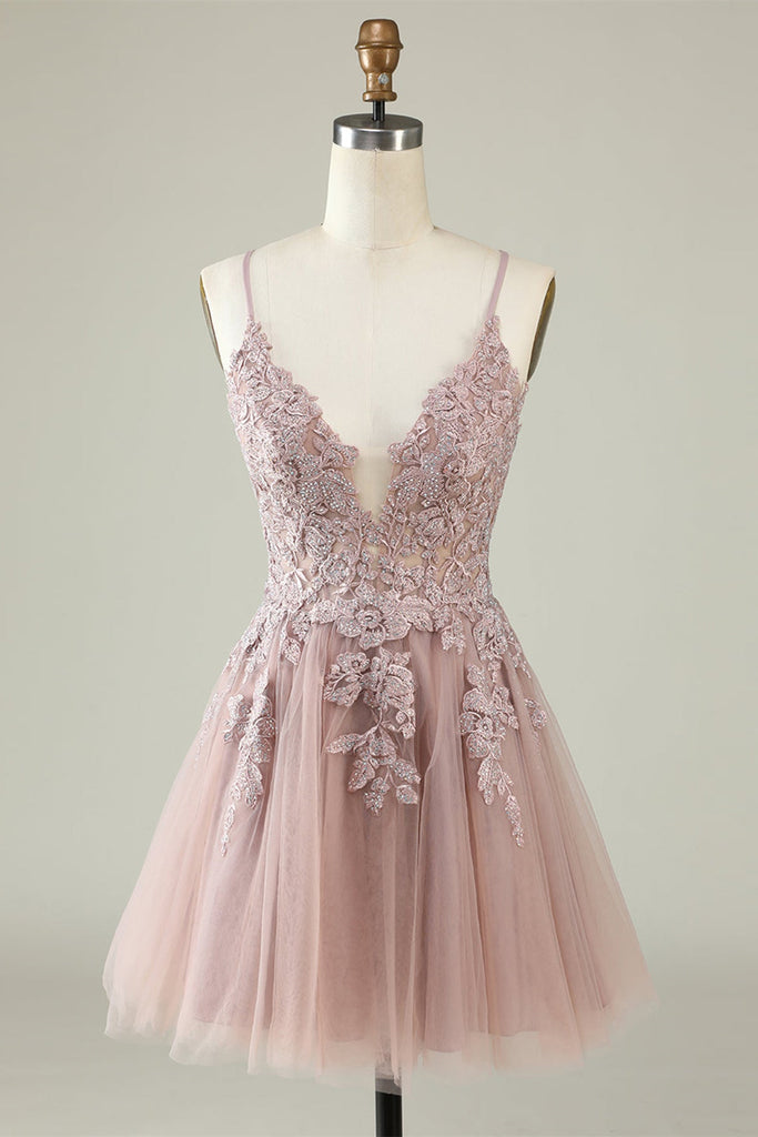 Open Back V Neck Pink Lace Appliques Prom Dress, Pink Lace Homecoming abcprom Open Back V Neck Pink Lace Appliques Prom Dress, Pink Lace Homecoming abcprom