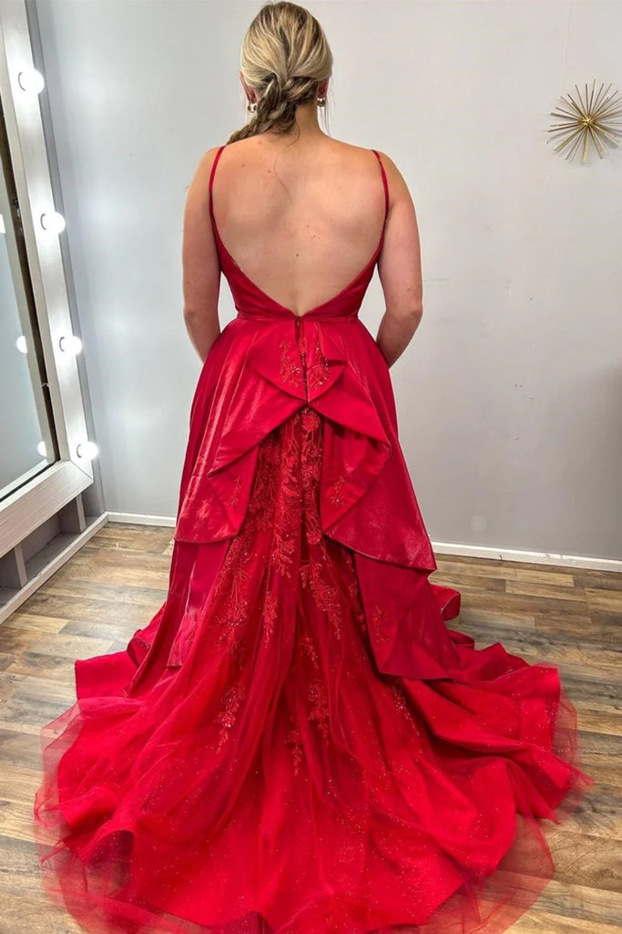 Open Back V Neck Red Long Prom Dress with Lace Train, Red Lace Formal