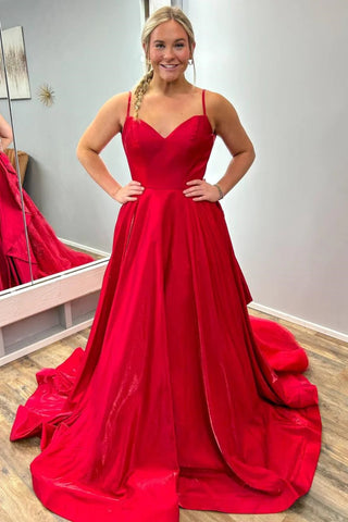 Open Back V Neck Red Long Prom Dress with Lace Train, Red Lace Formal Dress, Red Evening Dress A2031