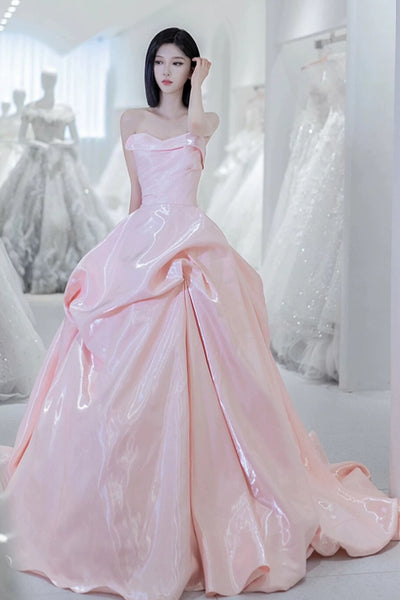Pink Satin Long Prom Dresses, Pink Satin Long Formal Evening Dresses
