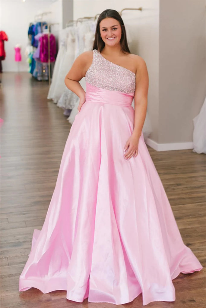 Plus Size One Shoulder Sequins Pink Long Prom Dress, One Shoulder