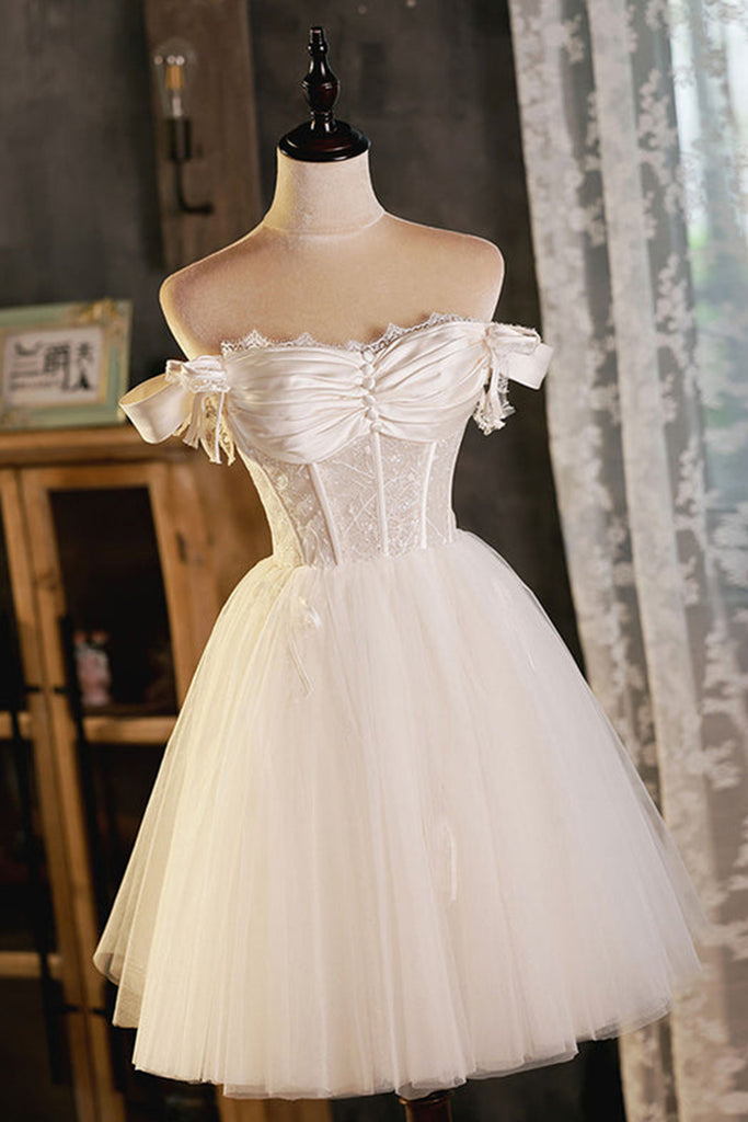 Pretty Off Shoulder Ivory Prom Dresses Short, Ivory Homecoming Dresses abcprom Pretty Off Shoulder Ivory Prom Dresses Short, Ivory Homecoming Dresses abcprom