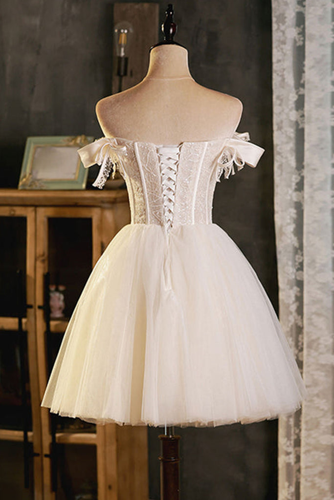 Pretty Off Shoulder Ivory Prom Dresses Short, Ivory Homecoming Dresses abcprom Pretty Off Shoulder Ivory Prom Dresses Short, Ivory Homecoming Dresses abcprom