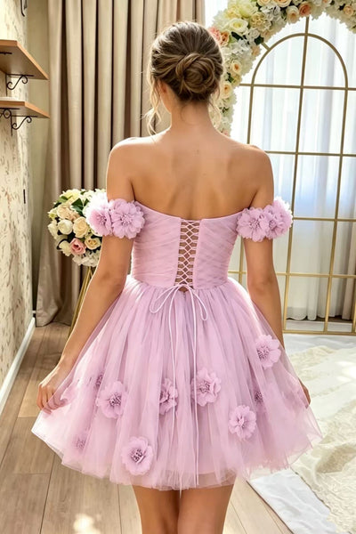 Pretty Off the Shoulder Lavender Floral Short Prom Dress, Lavender Homecoming Dress with 3D Flowers A2606