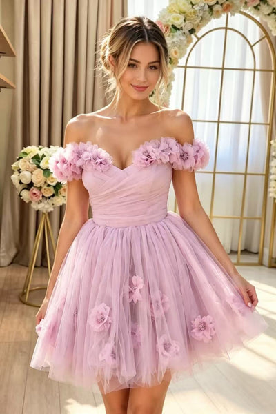 Pretty Off the Shoulder Lavender Floral Short Prom Dress, Lavender Homecoming Dress with 3D Flowers A2606