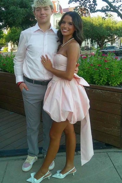 Pretty Strapless Pink Satin Short Prom Dress with Bow Back, Pink Homecoming Dress A2474