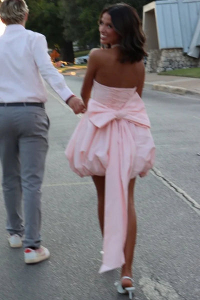 Pretty Strapless Pink Satin Short Prom Dress with Bow Back, Pink Homecoming Dress A2474