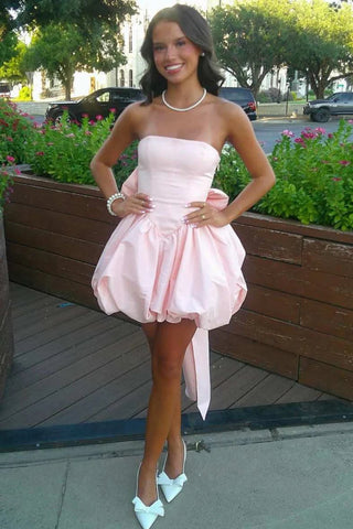 Pretty Strapless Pink Satin Short Prom Dress with Bow Back, Pink Homecoming Dress A2474