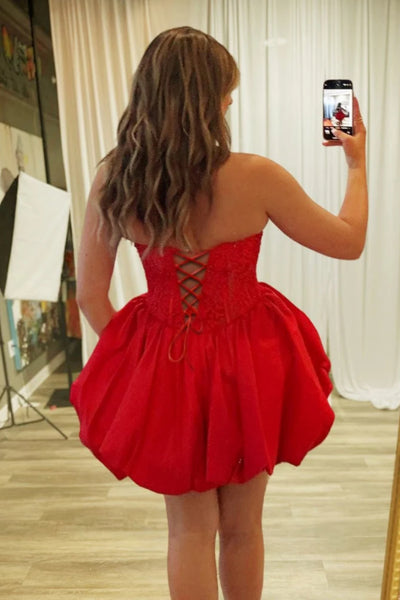 Pretty Strapless Red Lace Short Prom Dress, Red Lace Homecoming Dress, Red Formal Graduation Evening Dress A2527
