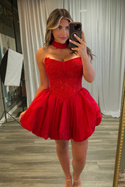 Pretty Strapless Red Lace Short Prom Dress, Red Lace Homecoming Dress, Red Formal Graduation Evening Dress A2527
