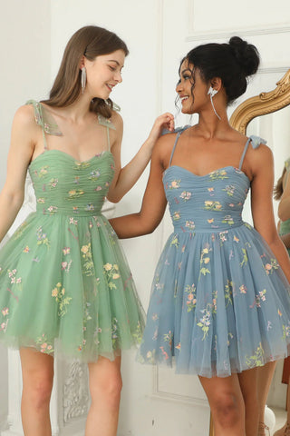 Princess Green/Blue/Pink Short Prom Dress with 3D Flowers, Green/Blue/Pink Floral Homecoming Dress, Formal Evening Dress A1935