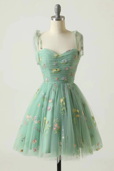 Princess Green/Blue/Pink Short Prom Dress with 3D Flowers, Green/Blue/Pink Floral Homecoming Dress, Formal Evening Dress A1935