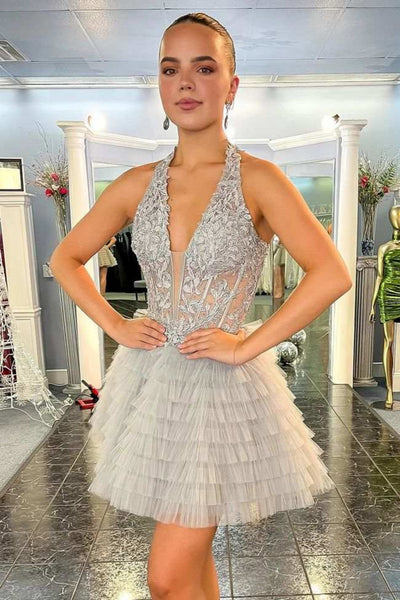 Princess Halter V Neck Blue/Gray Lace Short Prom Dress, Blue/Gray Lace Homecoming Dress, Floral Formal Graduation Evening Dress A2434
