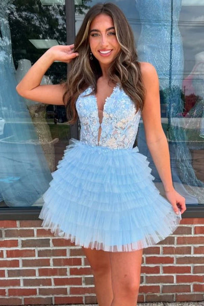 Princess Halter V Neck Blue/Gray Lace Short Prom Dress, Blue/Gray Lace Homecoming Dress, Floral Formal Graduation Evening Dress A2434