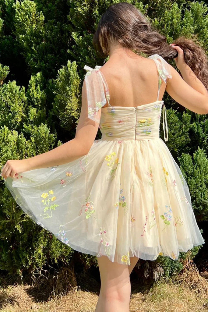 Princess Light Champagne Lace Short Prom Dress with Embroidery, Short abcprom Princess Light Champagne Lace Short Prom Dress with Embroidery, Short abcprom
