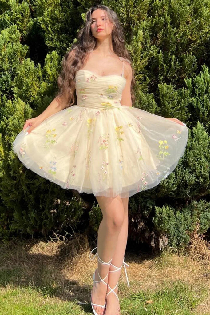 Princess Light Champagne Lace Short Prom Dress with Embroidery, Short abcprom Princess Light Champagne Lace Short Prom Dress with Embroidery, Short abcprom