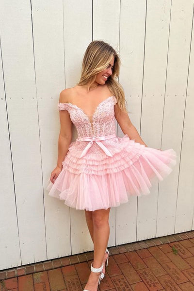 Princess Off Shoulder Pink Lace Prom Dresses, Short Pink Lace Homecoming Dress, Pink Formal Graduation Evening Dress A2141