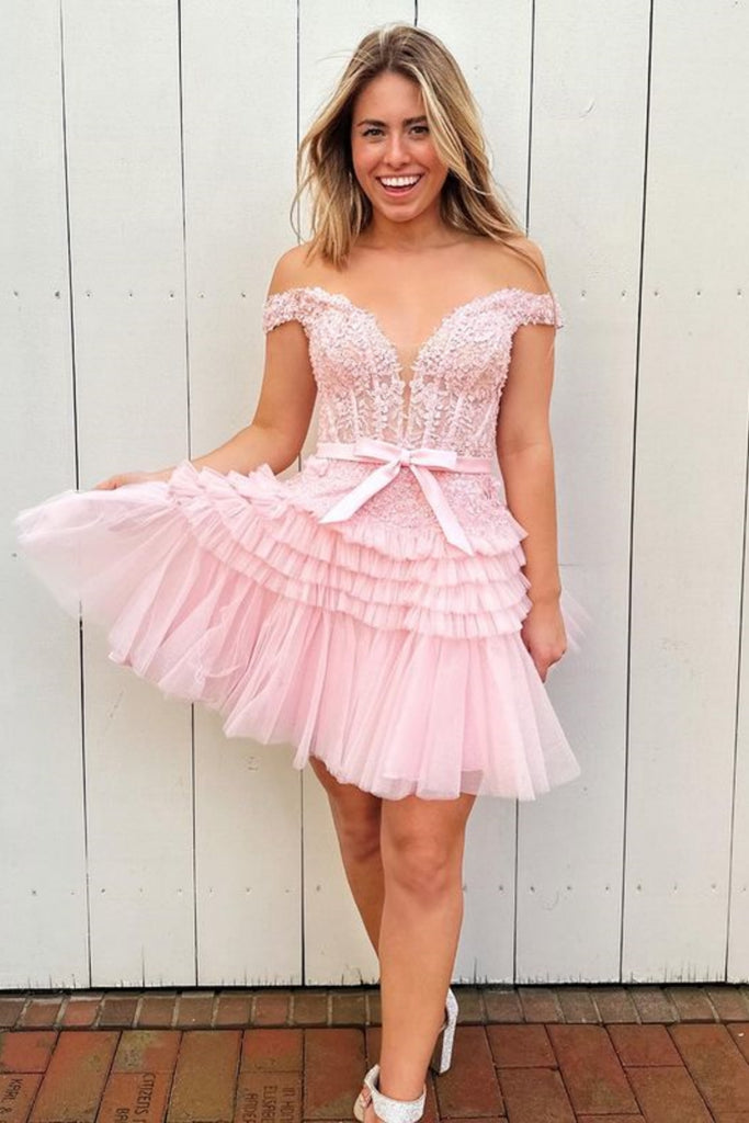 Princess Off Shoulder Pink Lace Prom Dresses, Short Pink Lace Homecomi abcprom Princess Off Shoulder Pink Lace Prom Dresses, Short Pink Lace Homecomi abcprom