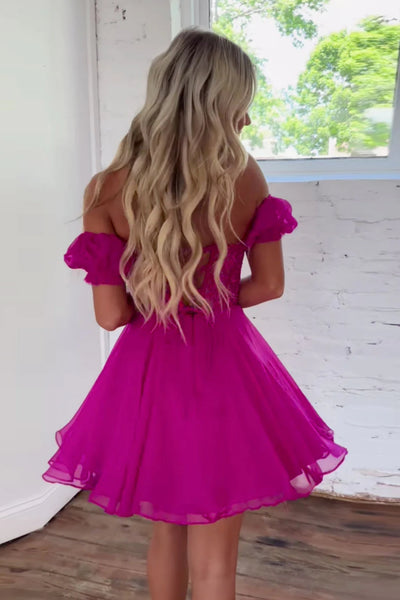 Princess Off the Shoulder Fuchsia Lace Prom Dress, Off Shoulder Fuchsia Homecoming Dress, Fuchsia Lace Formal Graduation Evening Dress A1911