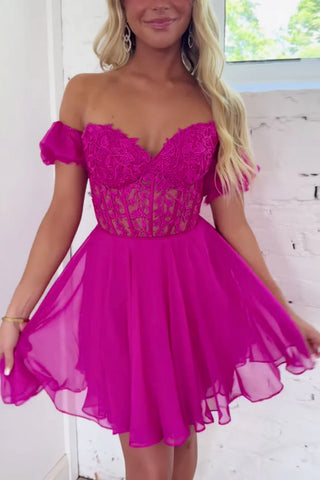 Princess Off the Shoulder Fuchsia Lace Prom Dress, Off Shoulder Fuchsia Homecoming Dress, Fuchsia Lace Formal Graduation Evening Dress A1911