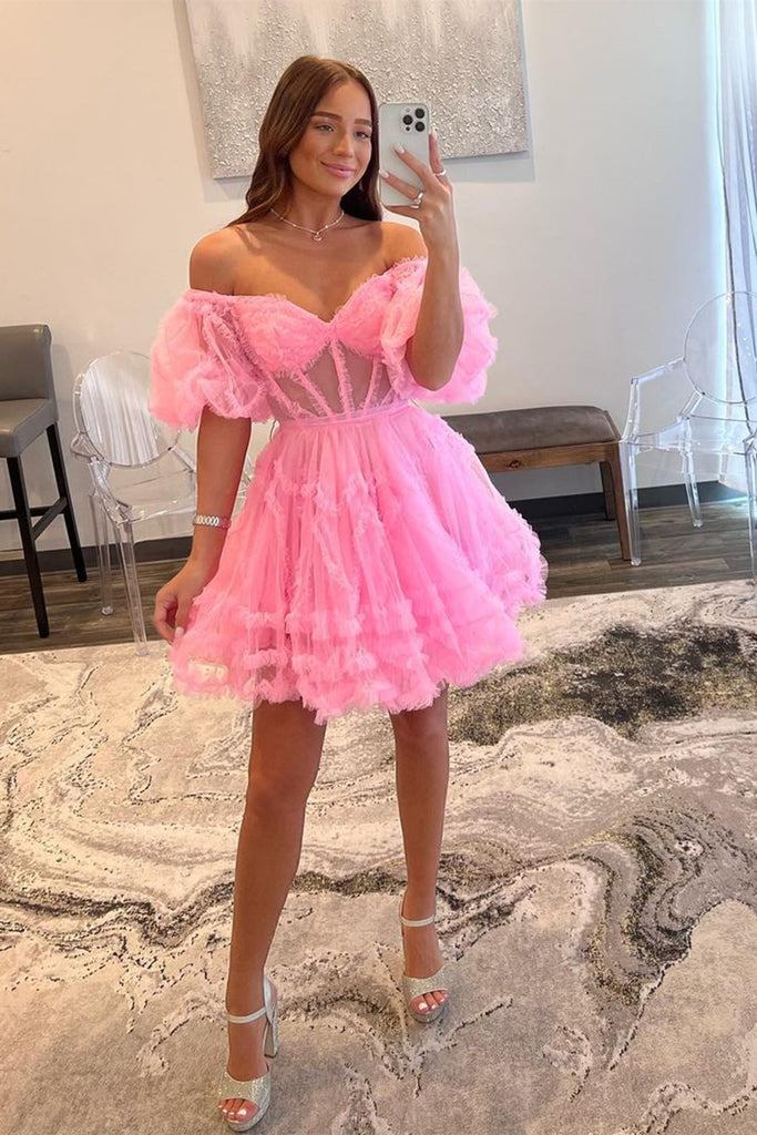 Princess Off the Shoulder Pink Prom Dress, Short Pink Homecoming Dress abcprom Princess Off the Shoulder Pink Prom Dress, Short Pink Homecoming Dress abcprom