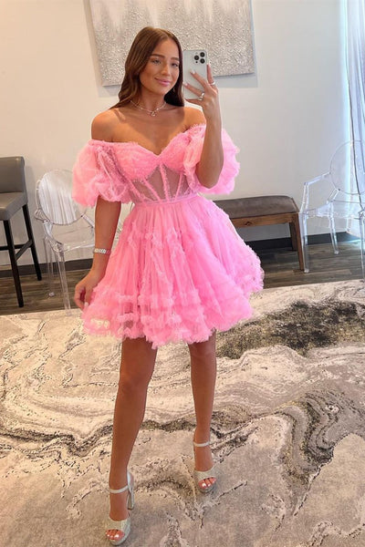 Princess Off the Shoulder Pink Prom Dress, Short Pink Homecoming Dress, Off Shoulder Formal Evening Dress A1899