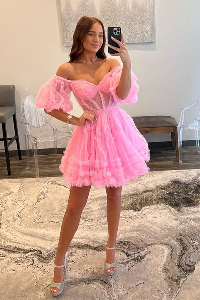 Princess Off the Shoulder Pink Prom Dress, Short Pink Homecoming Dress, Off Shoulder Formal Evening Dress A1899