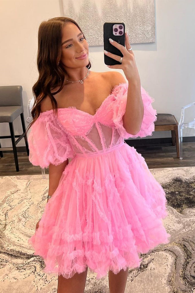 pink puffy short prom dresses Sweetheart Neck Short Lace Prom Dresses, Short Lace Puffy Formal Homec jbydress