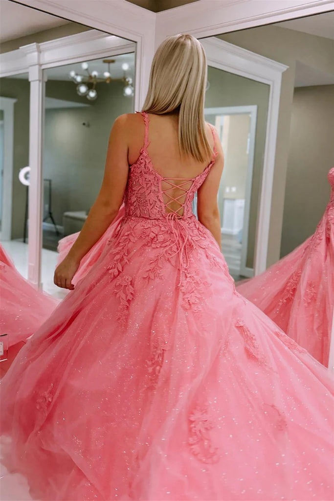 Princess Pink Lace Long Prom Dress, Pink Lace Formal Dress, Pink Tulle