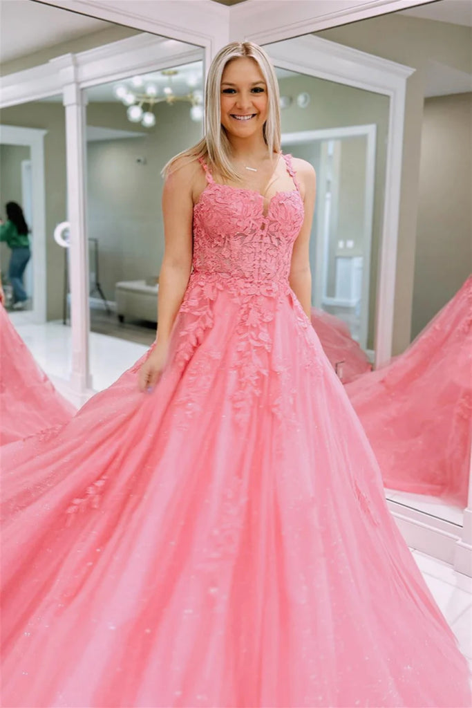 Princess Pink Lace Long Prom Dress, Pink Lace Formal Dress, Pink Tulle abcprom Princess Pink Lace Long Prom Dress, Pink Lace Formal Dress, Pink Tulle abcprom