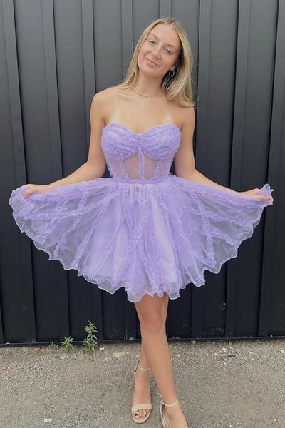 Princess Strapless Black/Fuchsia/Lilac Tulle Short Prom Dress, Black/Fuchsia/Lilac Homecoming Dress, Sweetheart Neck Formal Evening Dress A1955