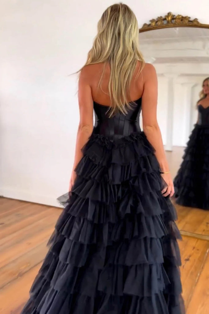 Princess Strapless Black Long Prom Dress with High Split, Black Formal abcprom Princess Strapless Black Long Prom Dress with High Split, Black Formal abcprom