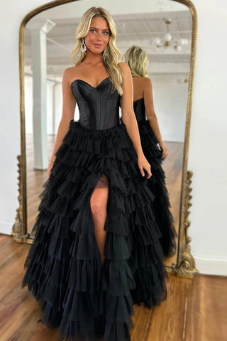 Princess Strapless Black Long Prom Dress with High Split, Black Formal Evening Dress, Ball Gown A2063