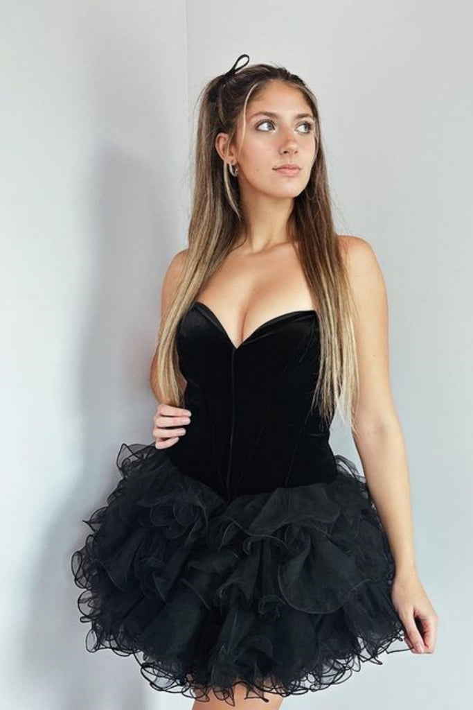 Princess Strapless Fluffy Black Prom Dress with Velvet top, Black Orga – abcprom