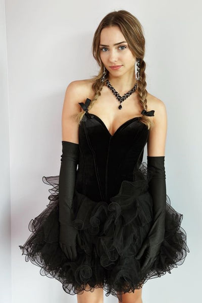 Princess Strapless Fluffy Black Prom Dress with Velvet top, Black Organza Homecoming Dress, Short Black Formal Evening Dress A2157