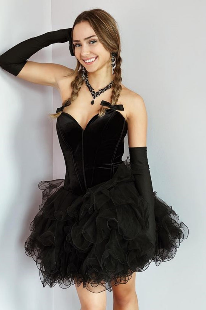 Princess Strapless Fluffy Black Prom Dress with Velvet top, Black Orga – abcprom
