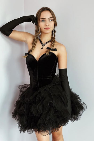 Princess Strapless Fluffy Black Prom Dress with Velvet top, Black Organza Homecoming Dress, Short Black Formal Evening Dress A2157