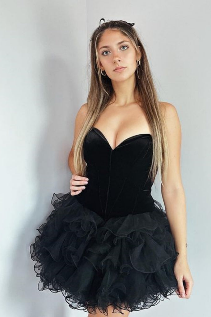Princess Strapless Fluffy Black Prom Dress with Velvet top, Black Orga abcprom Princess Strapless Fluffy Black Prom Dress with Velvet top, Black Orga abcprom