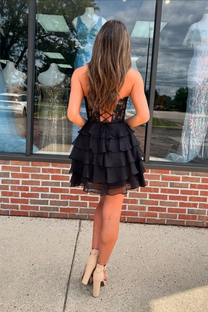 Princess Strapless Layered Black Lace Prom Dress, Short Black Lace Hom abcprom Princess Strapless Layered Black Lace Prom Dress, Short Black Lace Hom abcprom