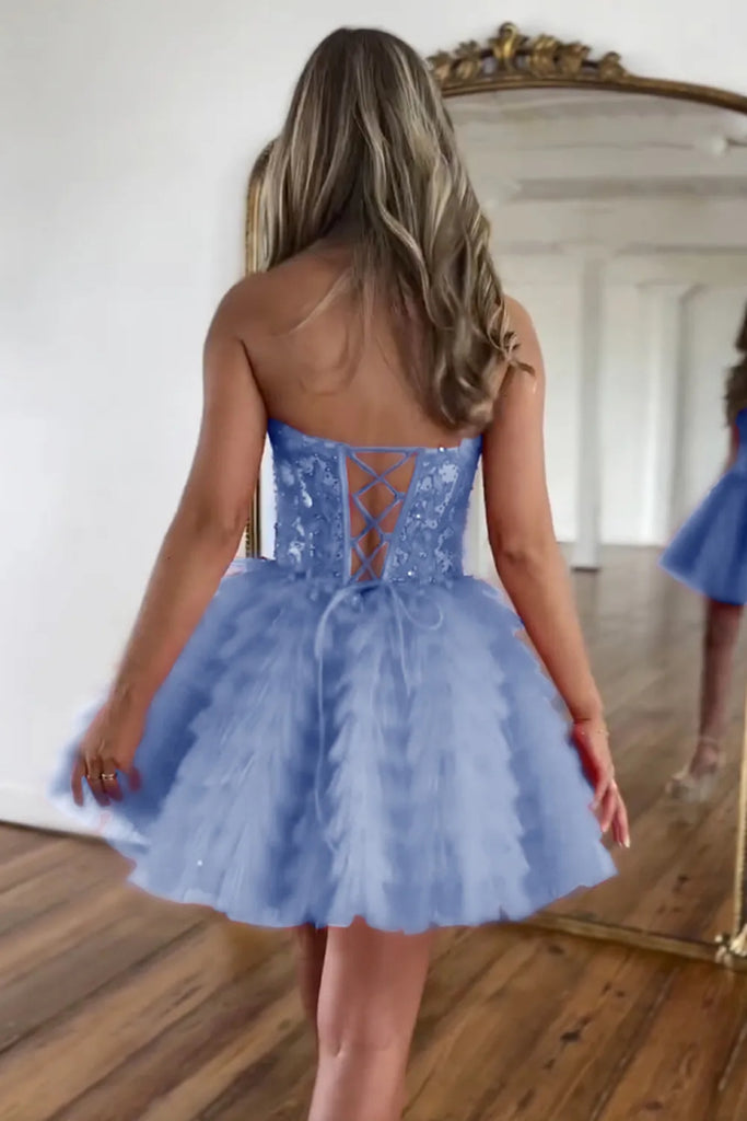 Princess Strapless Pink/Blue Lace Short Prom Dress, Pink/Blue Lace Hom abcprom Princess Strapless Pink/Blue Lace Short Prom Dress, Pink/Blue Lace Hom abcprom