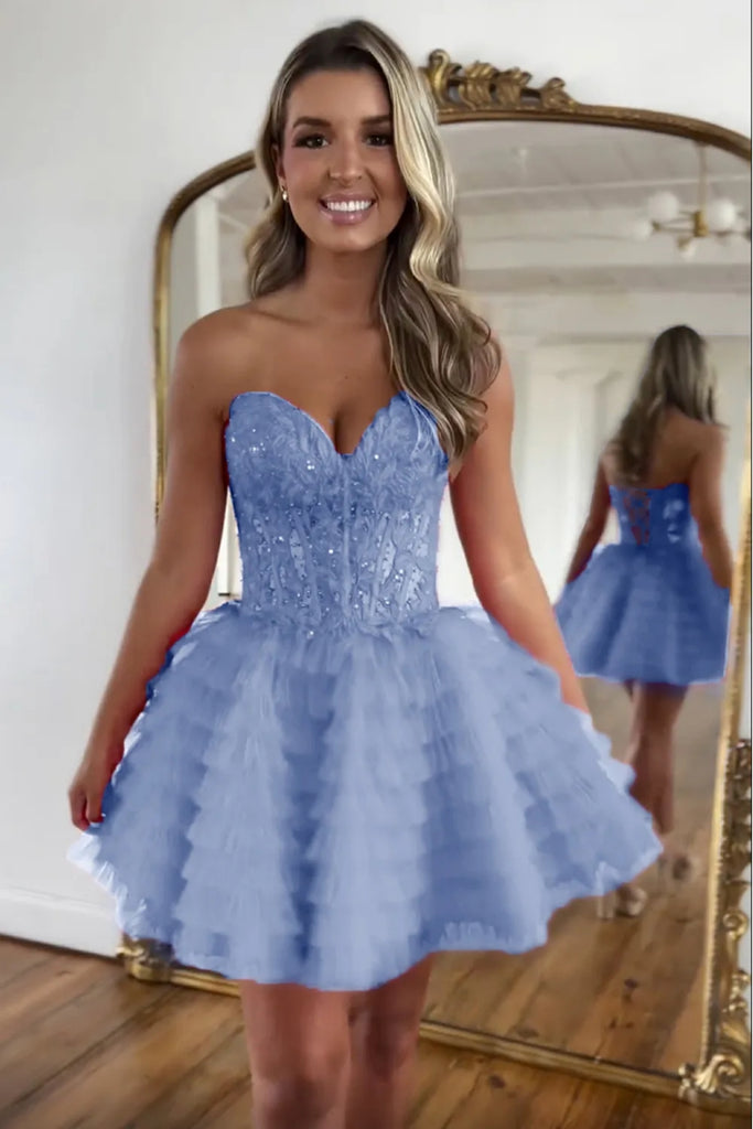 Princess Strapless Pink/Blue Lace Short Prom Dress, Pink/Blue Lace Hom abcprom Princess Strapless Pink/Blue Lace Short Prom Dress, Pink/Blue Lace Hom abcprom